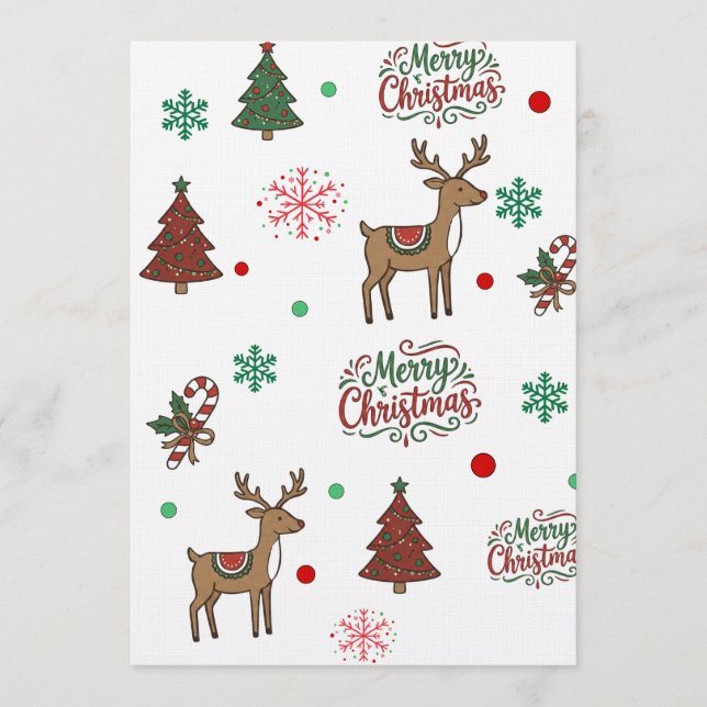 Whimsical Red & Green Christmas Tree & Deer Card (Front)