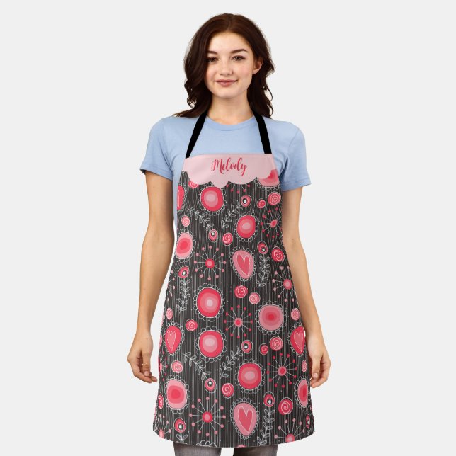 Whimsical red grey hearts and flowers floral name apron (Worn)