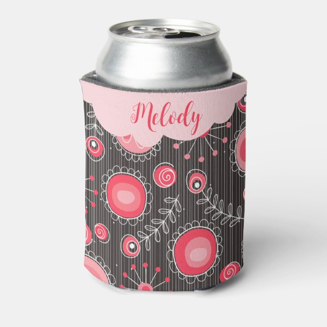 Whimsical red grey hearts and flowers floral name can cooler (Can Back)
