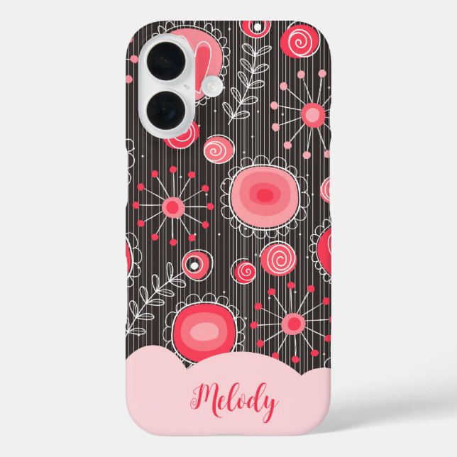 Whimsical red grey hearts and flowers floral name Case-Mate iPhone case (Back)