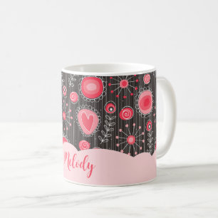 Whimsical red grey hearts and flowers floral name coffee mug