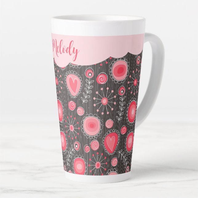 Whimsical red grey hearts and flowers floral name latte mug (Right Angle)