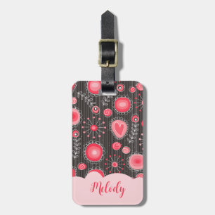 Whimsical red grey hearts and flowers floral name luggage tag