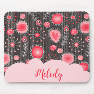 Whimsical red grey hearts and flowers floral name mouse mat