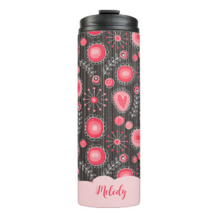 Whimsical red grey hearts and flowers floral name thermal tumbler