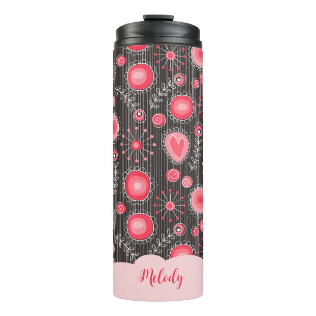 Whimsical red grey hearts and flowers floral name thermal tumbler (Front)