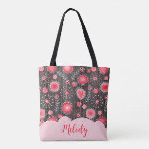 Whimsical red grey hearts and flowers floral name tote bag