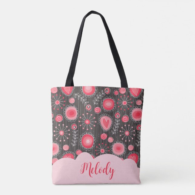 Whimsical red grey hearts and flowers floral name tote bag (Back)
