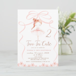 Whimsical Red Hair Ballerina Two Tu Cute Birthday Invitation