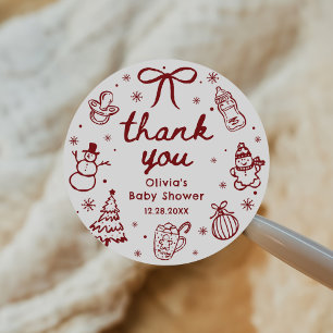 Whimsical Red Hand Drawn Christmas Baby Shower Classic Round Sticker