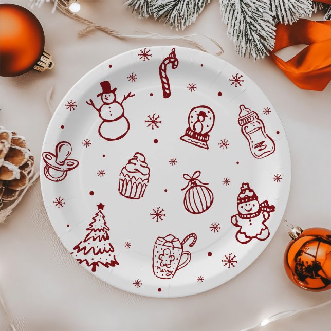 Whimsical Red Hand Drawn Christmas Baby Shower Paper Plate (Creator Uploaded)