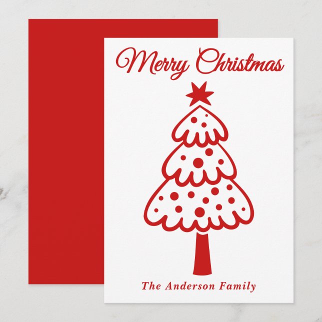 Whimsical Red Hand Drawn Christmas Tree Holiday Card (Front/Back)