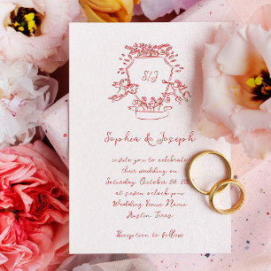 Whimsical Red Hand Drawn Crest Monogram   Wedding Invitation