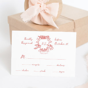 Whimsical Red Hand Drawn Crest Monogram   Wedding RSVP Card