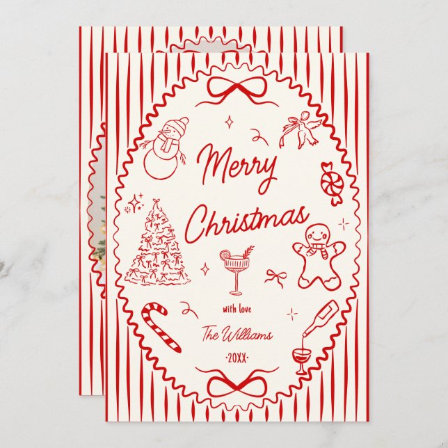 Whimsical Red Hand Drawn Doodles Christmas Photo  Holiday Card (Front/Back)