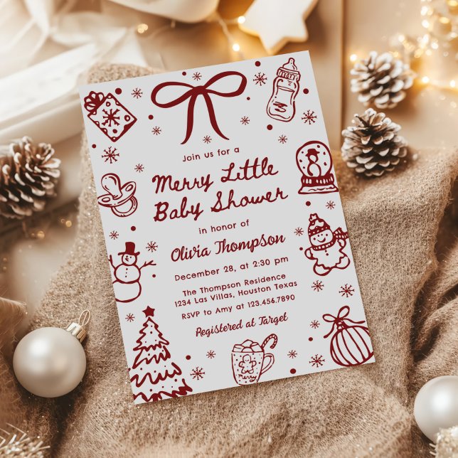 Whimsical Red Hand Drawn Merry Little Baby Shower Invitation (Creator Uploaded)