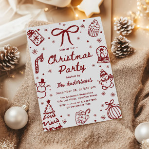 Whimsical Red Hand Drawn Quirky Christmas Party Invitation