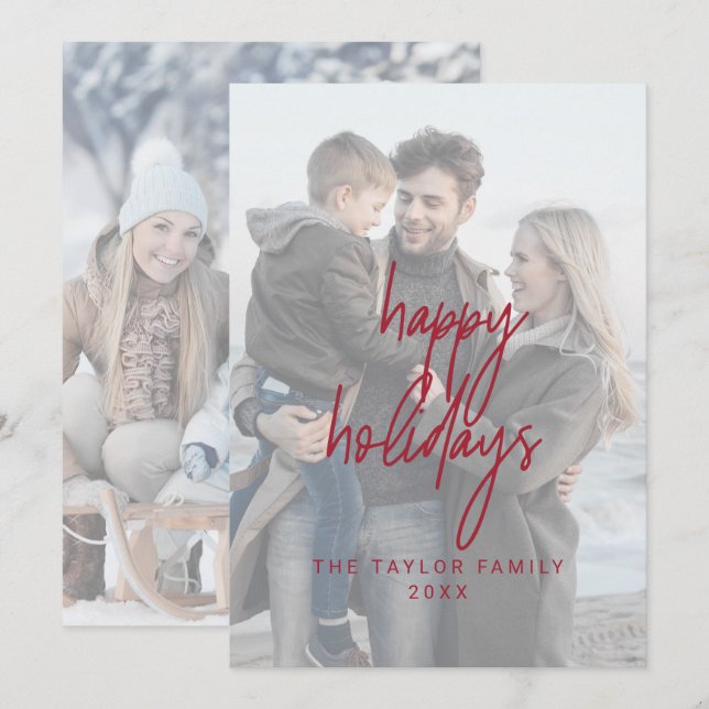 Whimsical Red Happy Holidays 2 Vertical Photos Holiday Card (Front/Back)