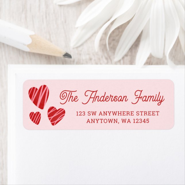 Whimsical Red Hearts Pink Return Address (Insitu)