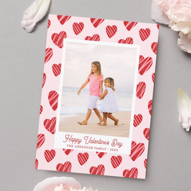 Whimsical Red Hearts Valentine's Day Pink Photo Holiday Card (Creator Uploaded)