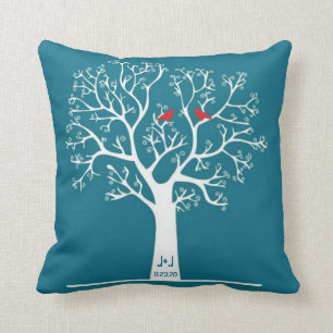Whimsical Red Love Birds in Tree Teal Blue Custom Cushion