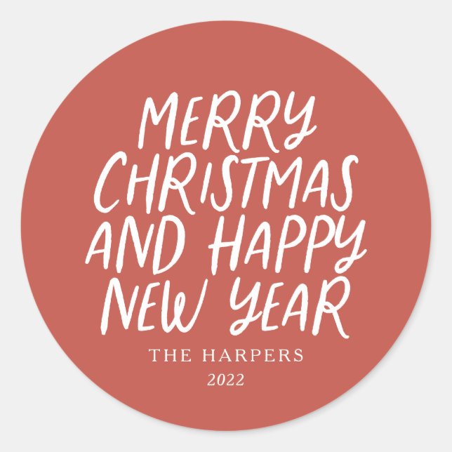 Whimsical Red Merry Christmas Happy New Year Classic Round Sticker (Front)