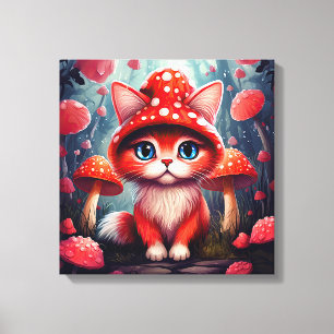 Whimsical Red Mushroom Cat Stretched Canvas