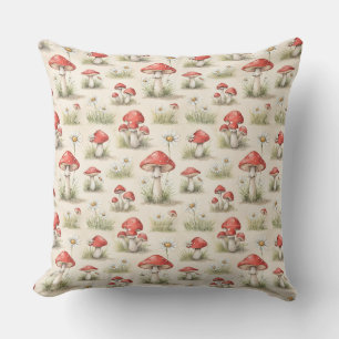 Whimsical Red Mushroom & Grass Watercolor Pattern Cushion