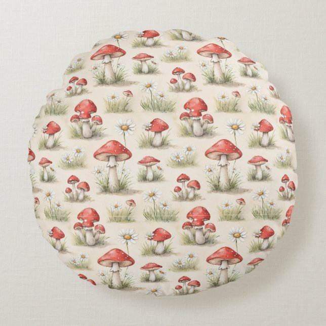 Whimsical Red Mushroom & Grass Watercolor Pattern Round Cushion (Front)