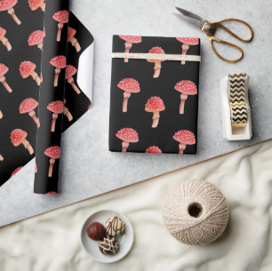 Whimsical Red Mushroom   Toadstool Black Woodland Wrapping Paper