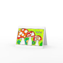Whimsical Red Mushroom Trio Watercolor Art Hello