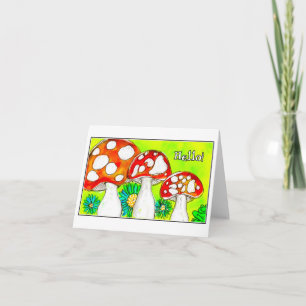 Whimsical Red Mushroom Trio Watercolor Art Hello Thank You Card