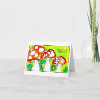 Whimsical Red Mushroom Trio Watercolor Art Hello Thank You Card