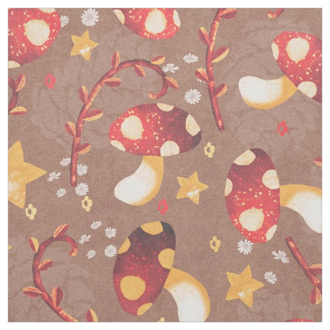 Whimsical Red Mushrooms and Yellow Stars on Brown Fabric (Swatch)