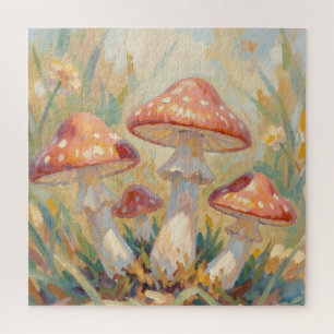 Whimsical Red Mushrooms Meadow Painting Jigsaw Puzzle