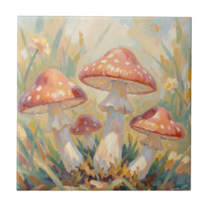 Whimsical Red Mushrooms Meadow Painting Tile