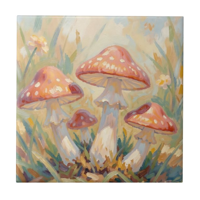 Whimsical Red Mushrooms Meadow Painting Tile (Front)