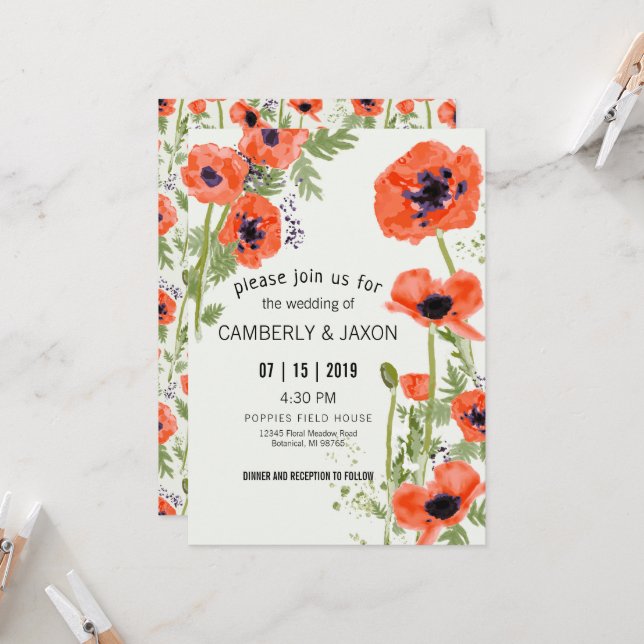 Whimsical Red Orange Poppies Watercolor Wedding Invitation (Front/Back In Situ)