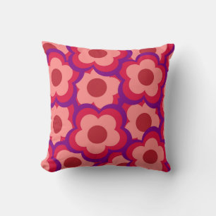 Whimsical Red & Pink Floral Retro, Bold Preppy Cushion
