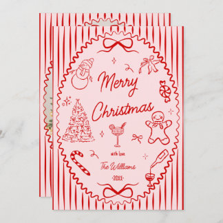Whimsical Red Pink Hand Drawn Christmas Photo  Holiday Card