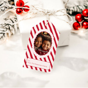 Whimsical Red & Pink Stripe Christmas Photo Gift Tags