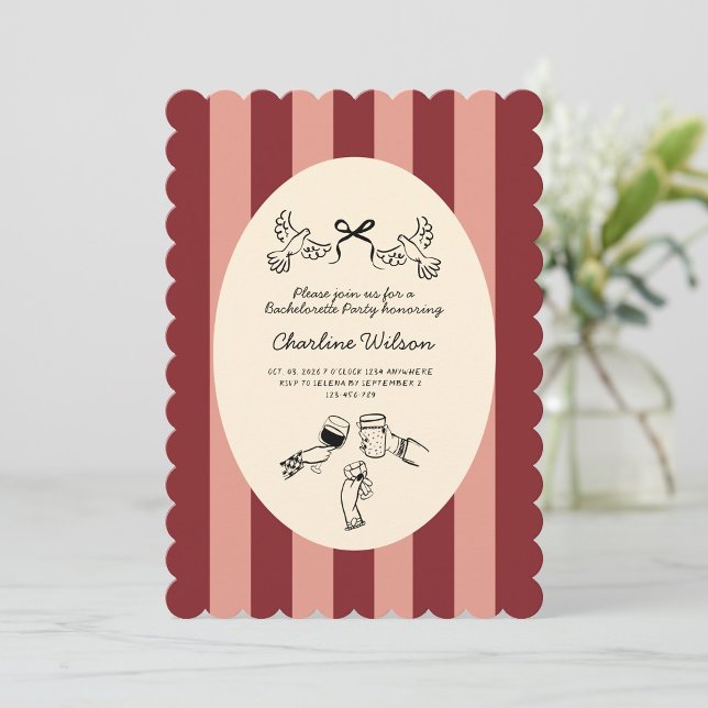 Whimsical Red Pink Striped Scribble Bachelorette Invitation (Creator Uploaded)
