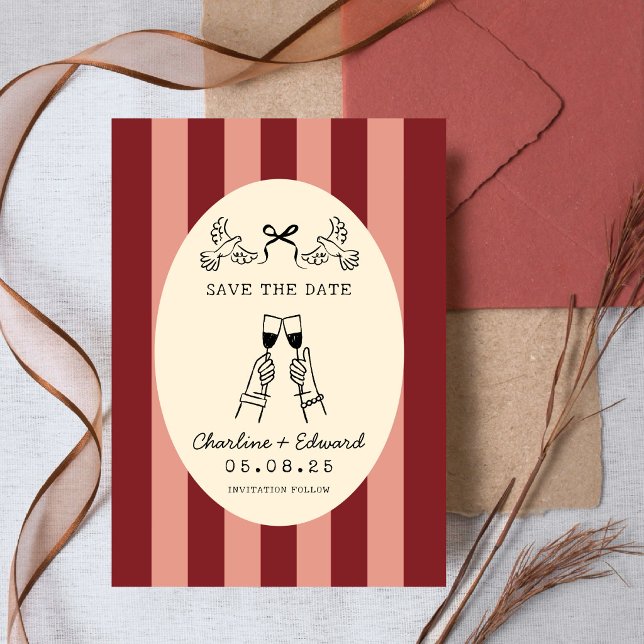 Whimsical Red Pink Striped Scribble Save the Date  Invitation (Creator Uploaded)