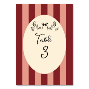 Whimsical Red Pink Striped Wedding Table Number