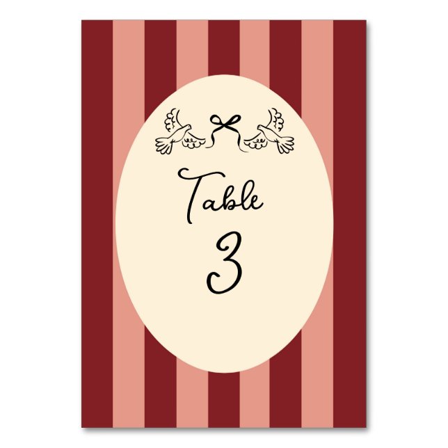 Whimsical Red Pink Striped Wedding Table Number  (Front)