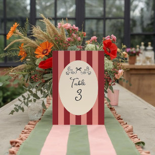 Whimsical Red Pink Striped Wedding Table Number 