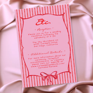 Whimsical Red Pink Watercolor Bow Stripe Wedding Enclosure Card