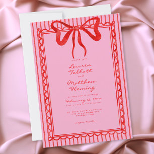 Whimsical Red Pink Watercolor Bow Stripe Wedding Invitation