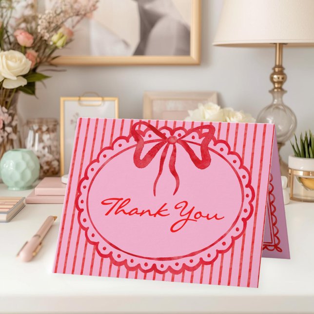 Whimsical Red Pink Watercolor Bow Stripe Wedding Thank You Card (Whimsical Red Pink Watercolor Bow Stripe Wedding Thank You Card)