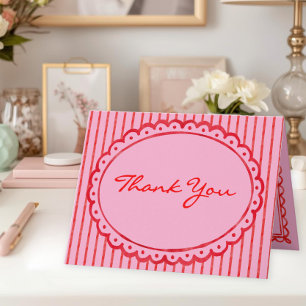 Whimsical Red Pink Watercolor Stripe Photo Wedding Thank You Card